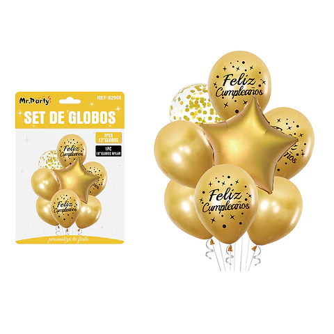 Set de globos metálico dorado feliz cumpleaños 8pcs