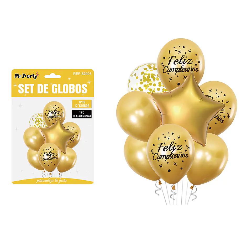 Set de globos metálico dorado feliz cumpleaños 8pcs 1