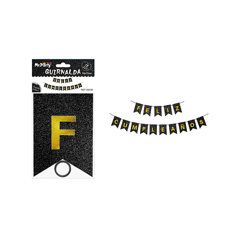 Guirnalda feliz cumpleaños negro con glitter 12*17cm