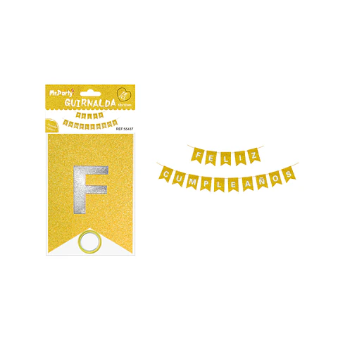 Guirnalda feliz cumpleaños dorado con glitter 12*17cm