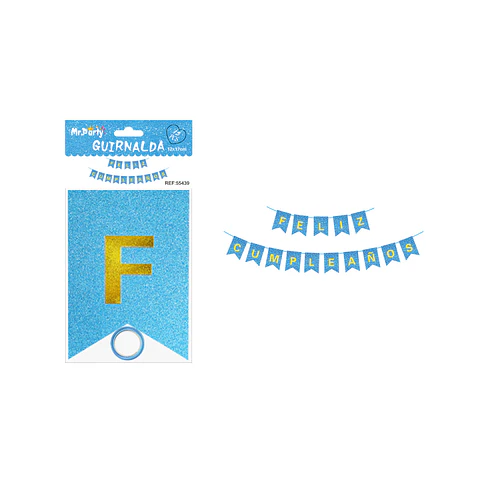 Guirnalda feliz cumpleaños azul claro con glitter 12*17cm