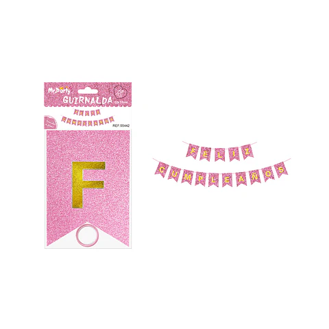 Guirnalda feliz cumpleaños rosa con glitter 12*17cm