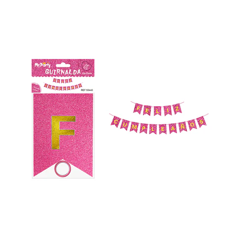 Guirnalda feliz cumpleaños fucsia con glitter 12*17cm