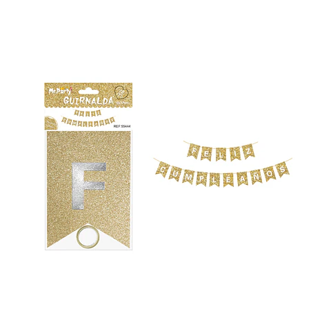 Guirnalda feliz cumpleaños dorado claro con glitter 12*17cm