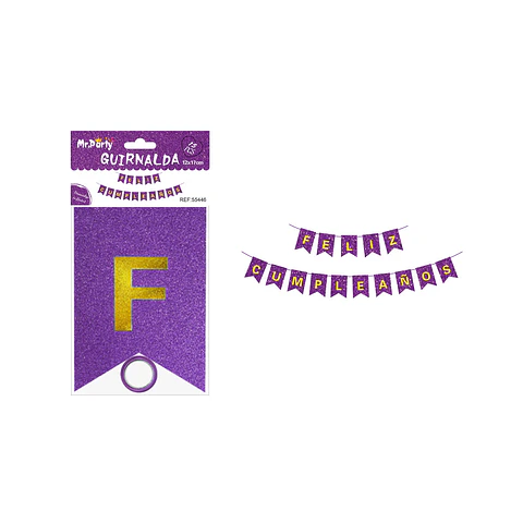 Guirnalda feliz cumpleaños morado con glitter 12*17cm