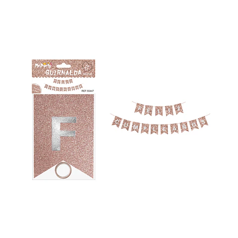 Guirnalda feliz cumpleaños oro rosado con glitter 12*17cm