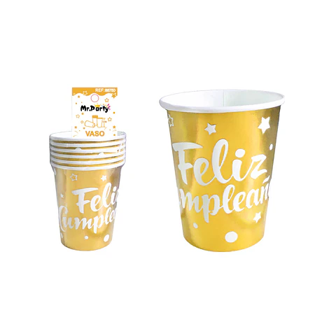 Vaso de papel dorado feliz cumpleaños 9oz 250ml 6pcs