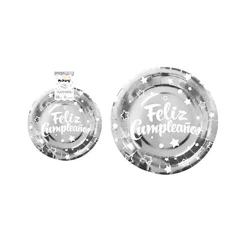 Plato de papel plateado feliz cumpleaños 18cm 6pcs