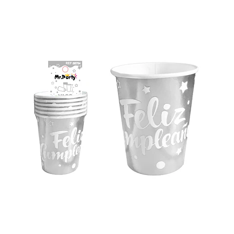 Vaso de papel plateado feliz cumpleaños 9oz 250ml 6pcs