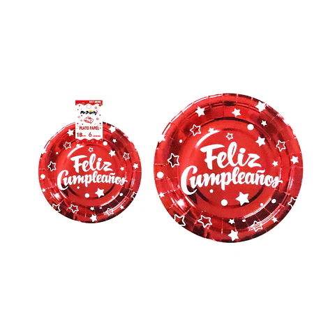 Plato de papel rojo feliz cumpleaños 18cm 6pcs