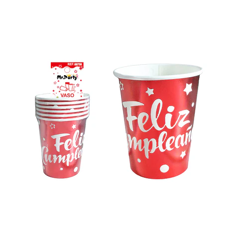 Vaso de papel rojo feliz cumpleaños 9oz 250ml 6pcs