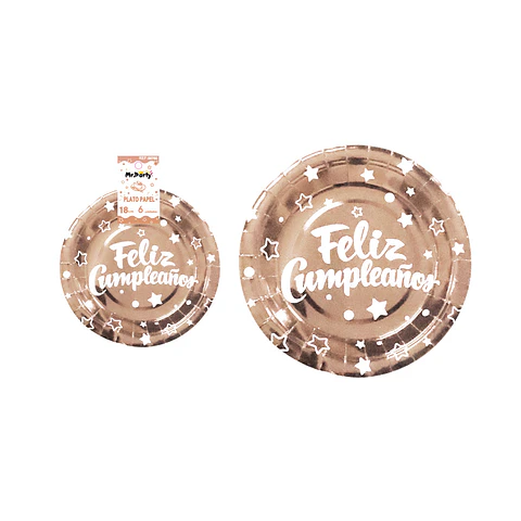 Plato de papel oro rosado feliz cumpleaños 18cm 6pcs