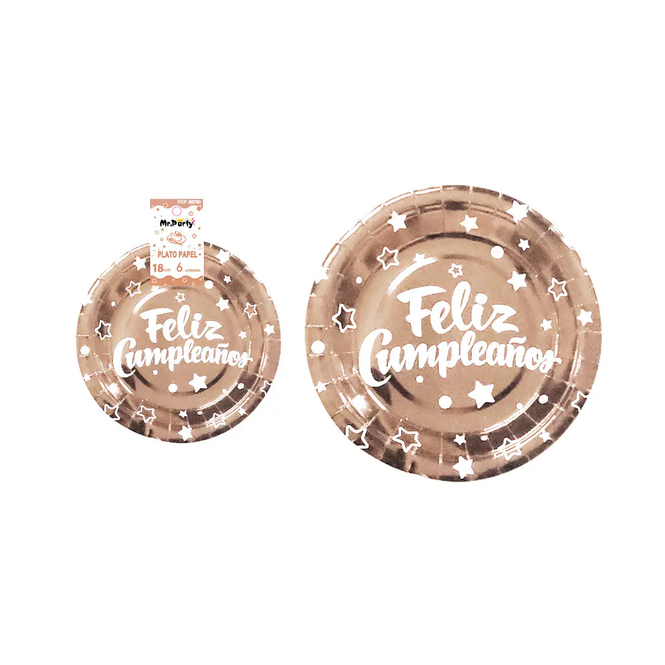 Plato de papel oro rosado feliz cumpleaños 18cm 6pcs 1