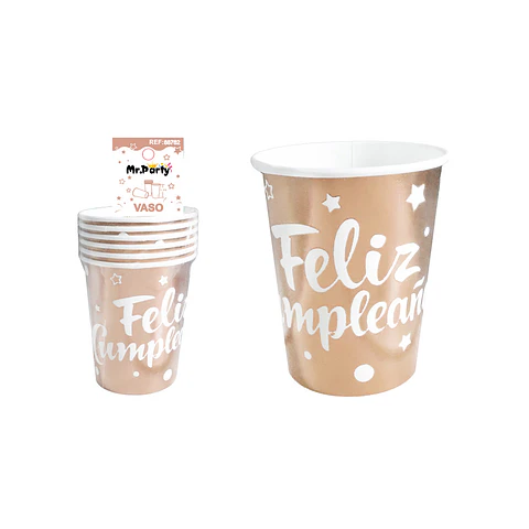 Vaso de papel oro rosado feliz cumpleaños 9oz 250ml 6pcs