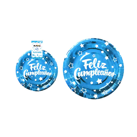 Plato de papel azul feliz cumpleaños 18cm 6pcs