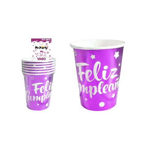 Vaso de papel morado feliz cumpleaños 9oz 250ml 6pcs