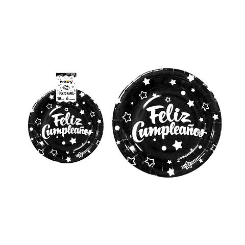 Plato de papel negro feliz cumpleaños 18cm 6pcs