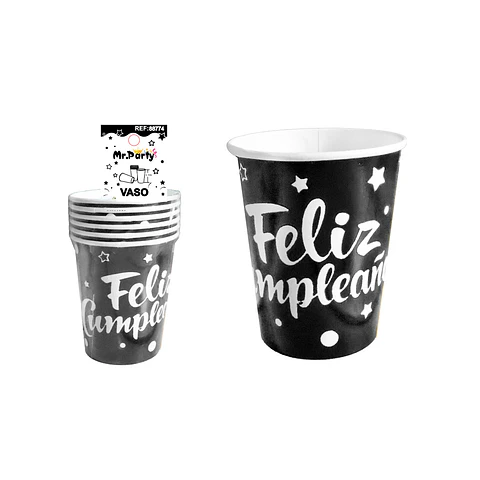 Vaso de papel negro feliz cumpleaños 9oz 250ml 6pcs