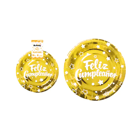 Plato de papel dorado feliz cumpleaños 18cm 6pcs