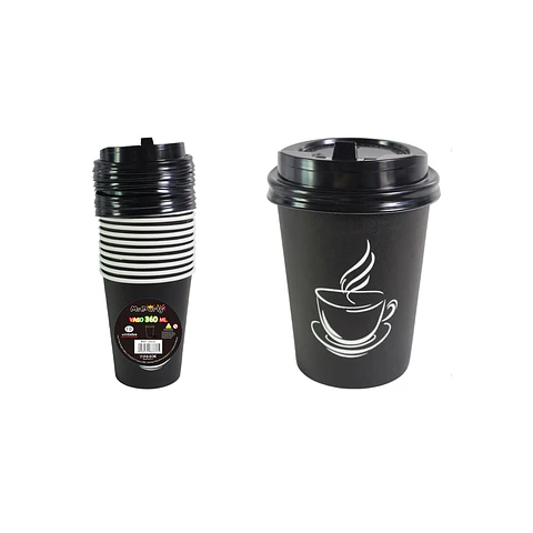 Vaso de café negro con tapa 360ml 10pcs