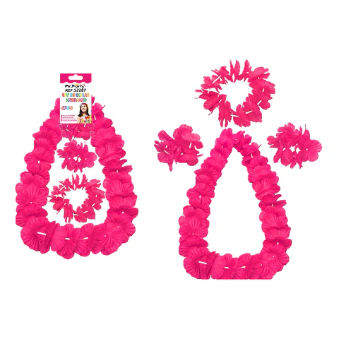 Set de collar cotillón hawaiano fucsia fluor 48cm
