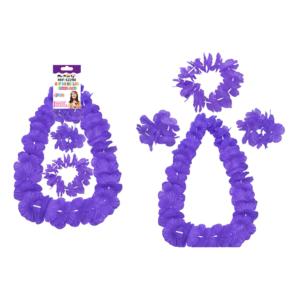 Set de collar cotillón hawaiano morado fluor 48cm