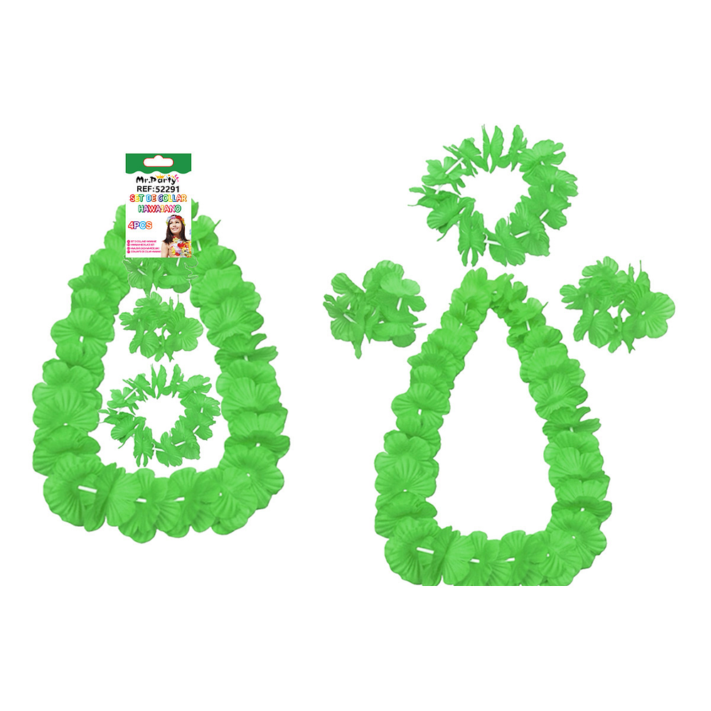 Set de collar cotillón hawaiano verde fluor 48cm