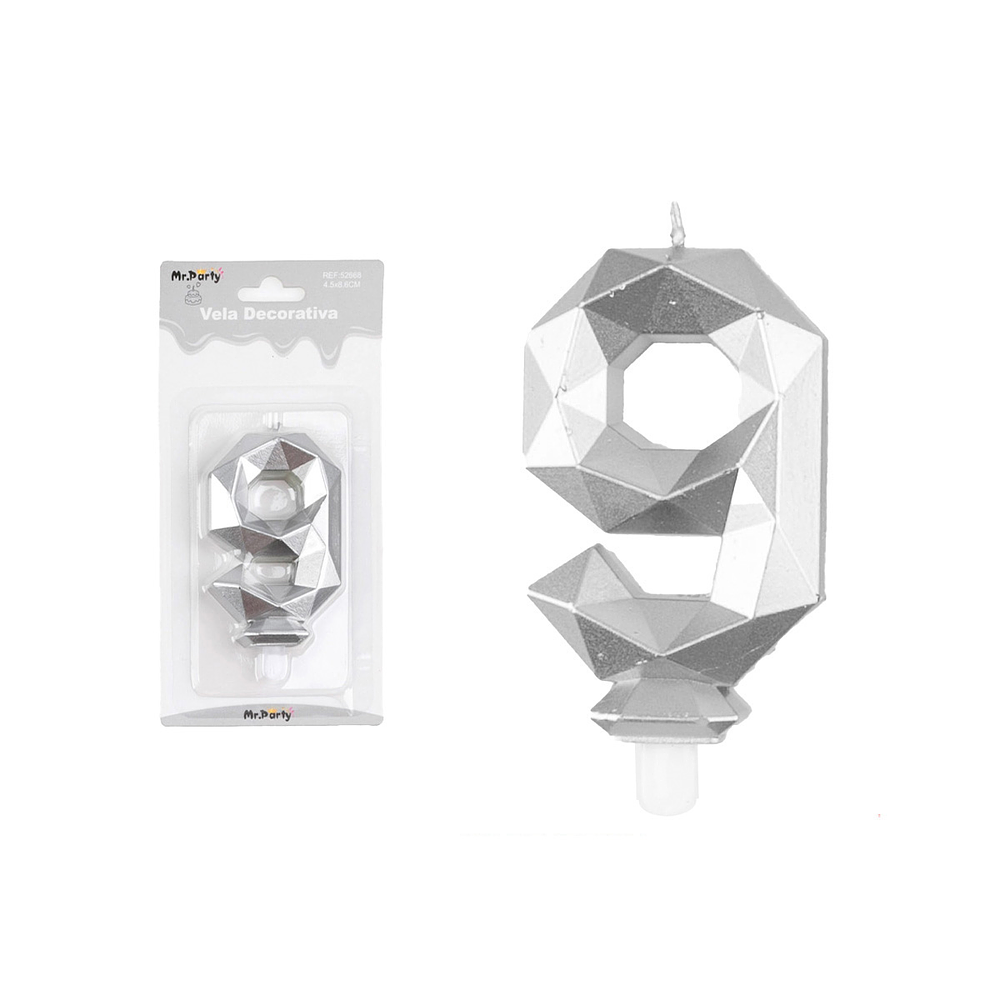 Vela de número 9 plateado en 3D