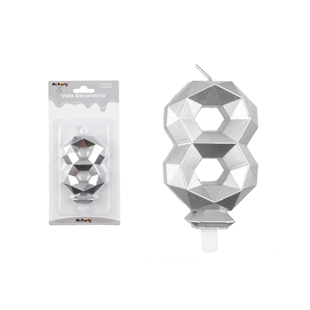 Vela de número 8 plateado en 3D