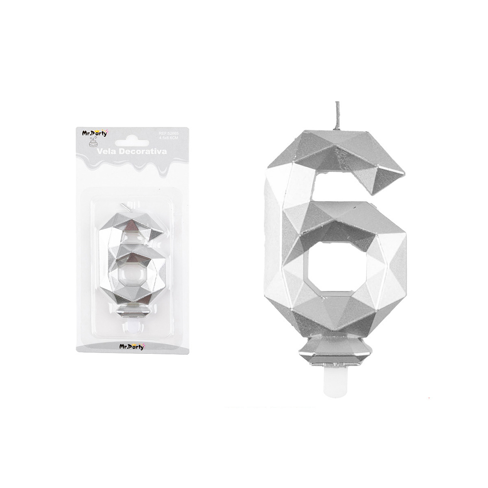 Vela de número 6 plateado en 3D