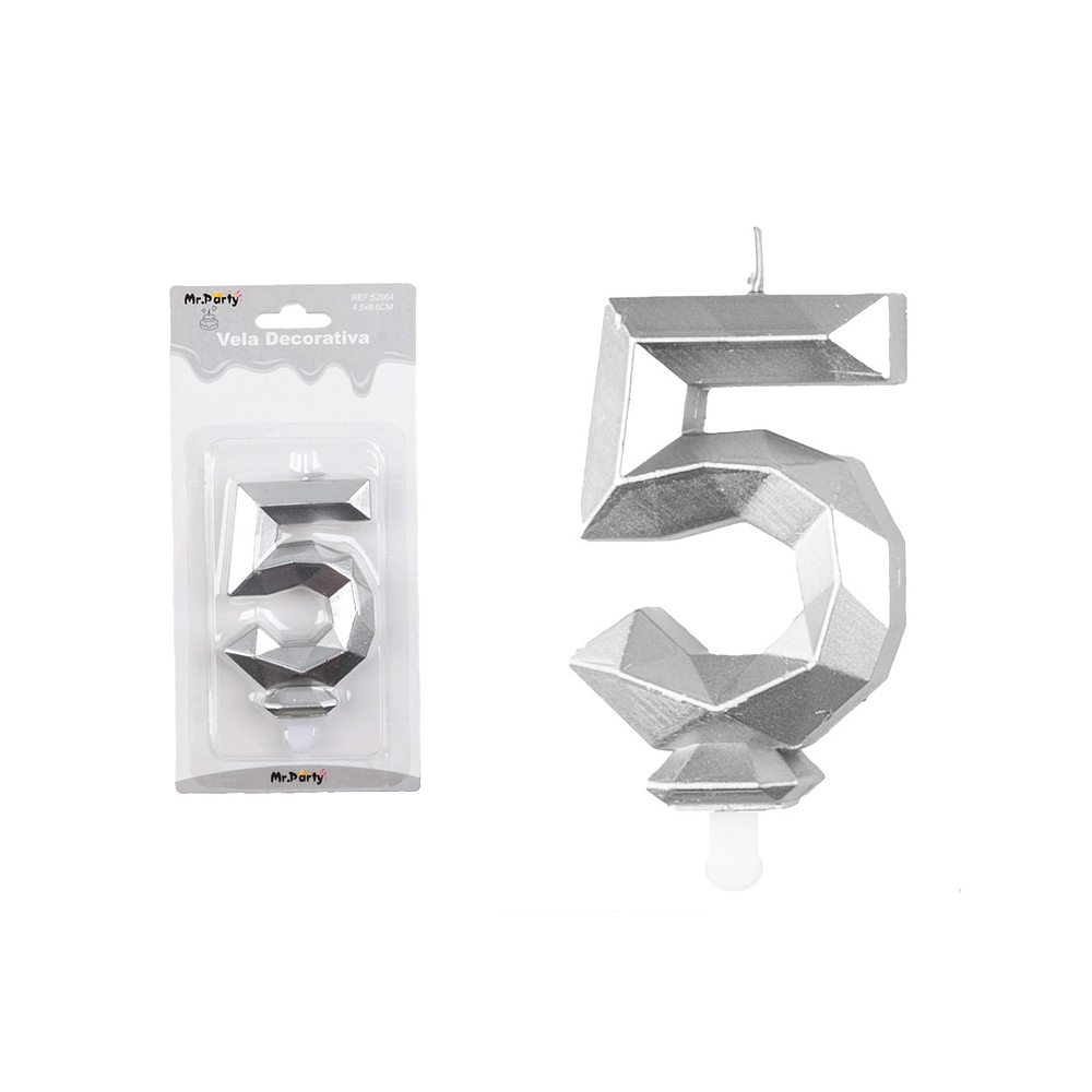 Vela de número 5 plateado en 3D