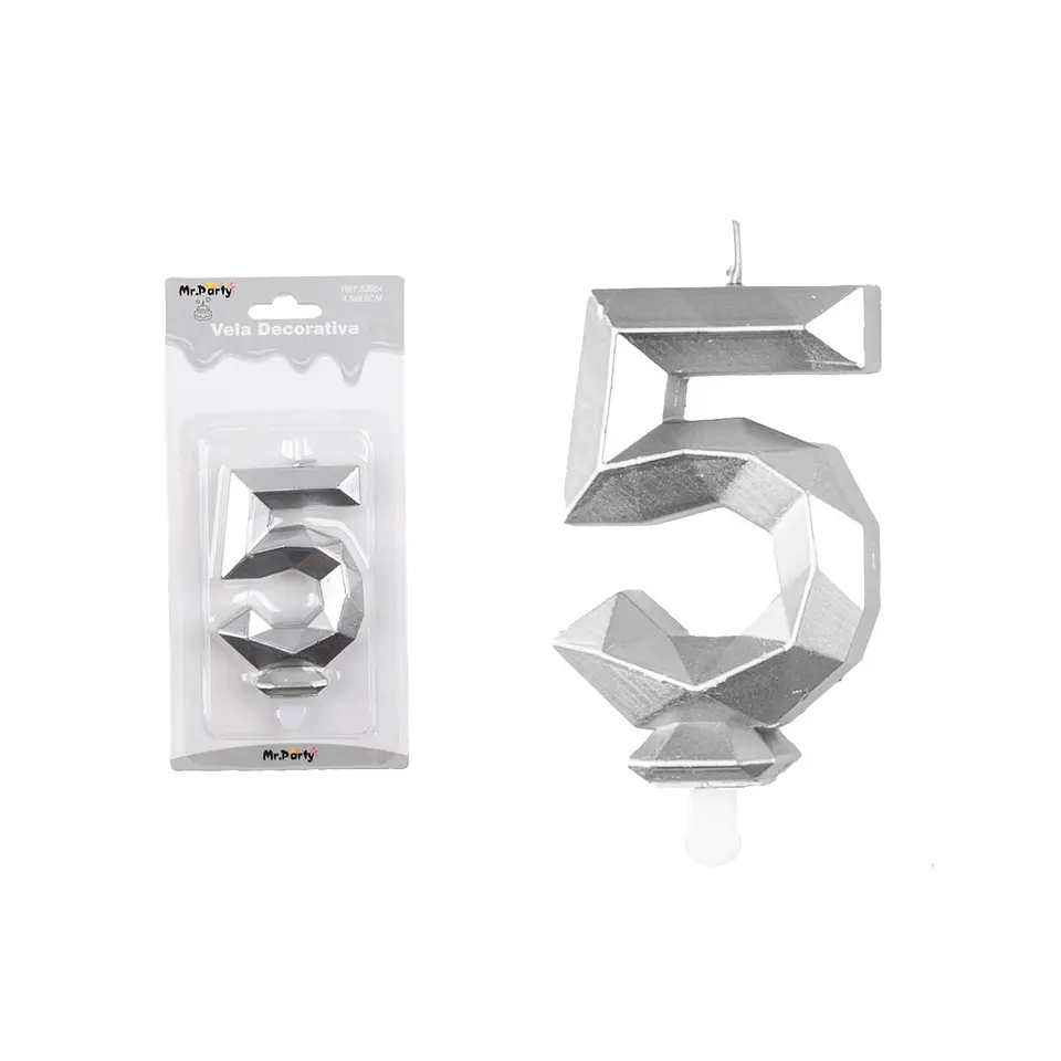 Vela de número 5 plateado en 3D 1