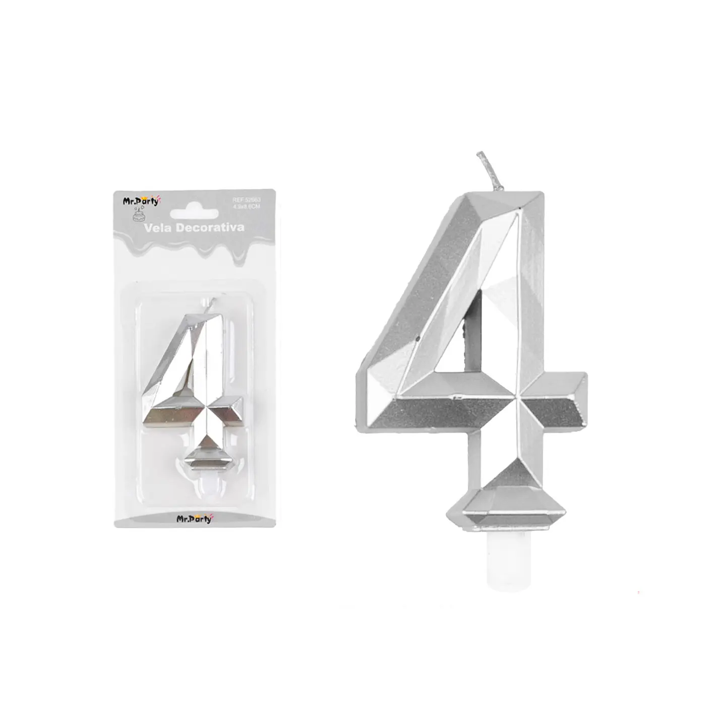Vela de número 4 plateado en 3D 1