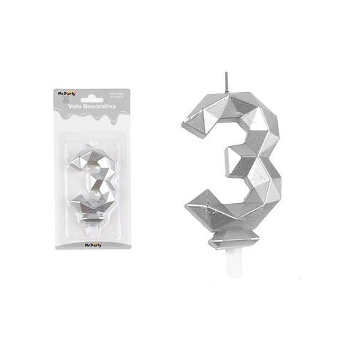 Vela de número 3 plateado en 3D