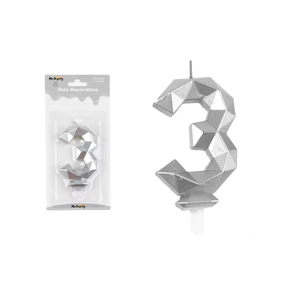 Vela de número 3 plateado en 3D 1