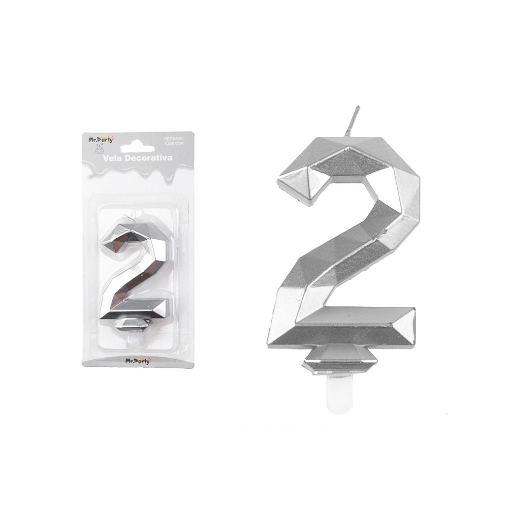 Vela de número 2 plateado en 3D