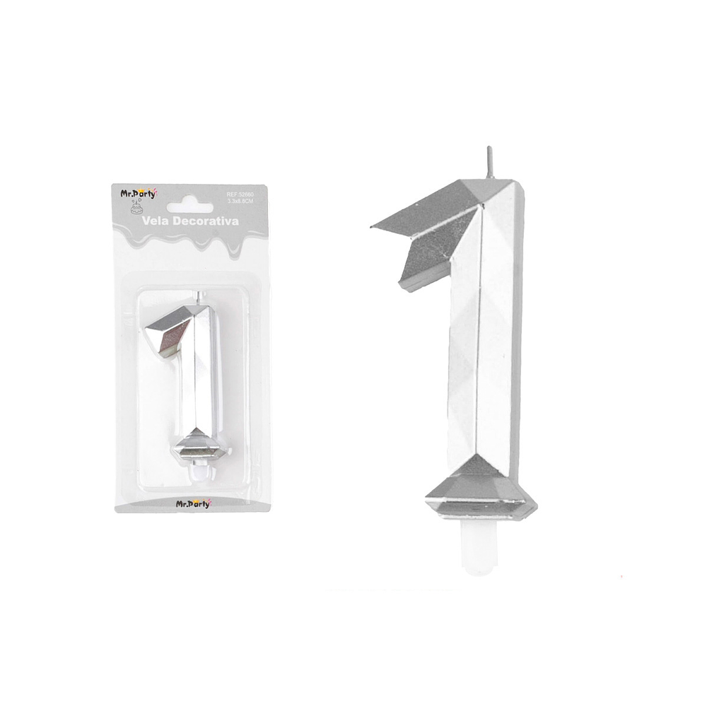 Vela de número 1 plateado en 3D