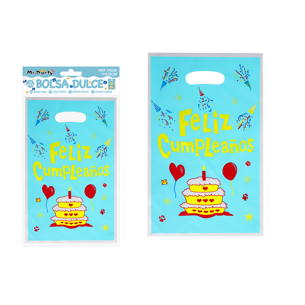 Bolsas perladas para dulces feliz cumpleaños azul 10pcs 17*25cm