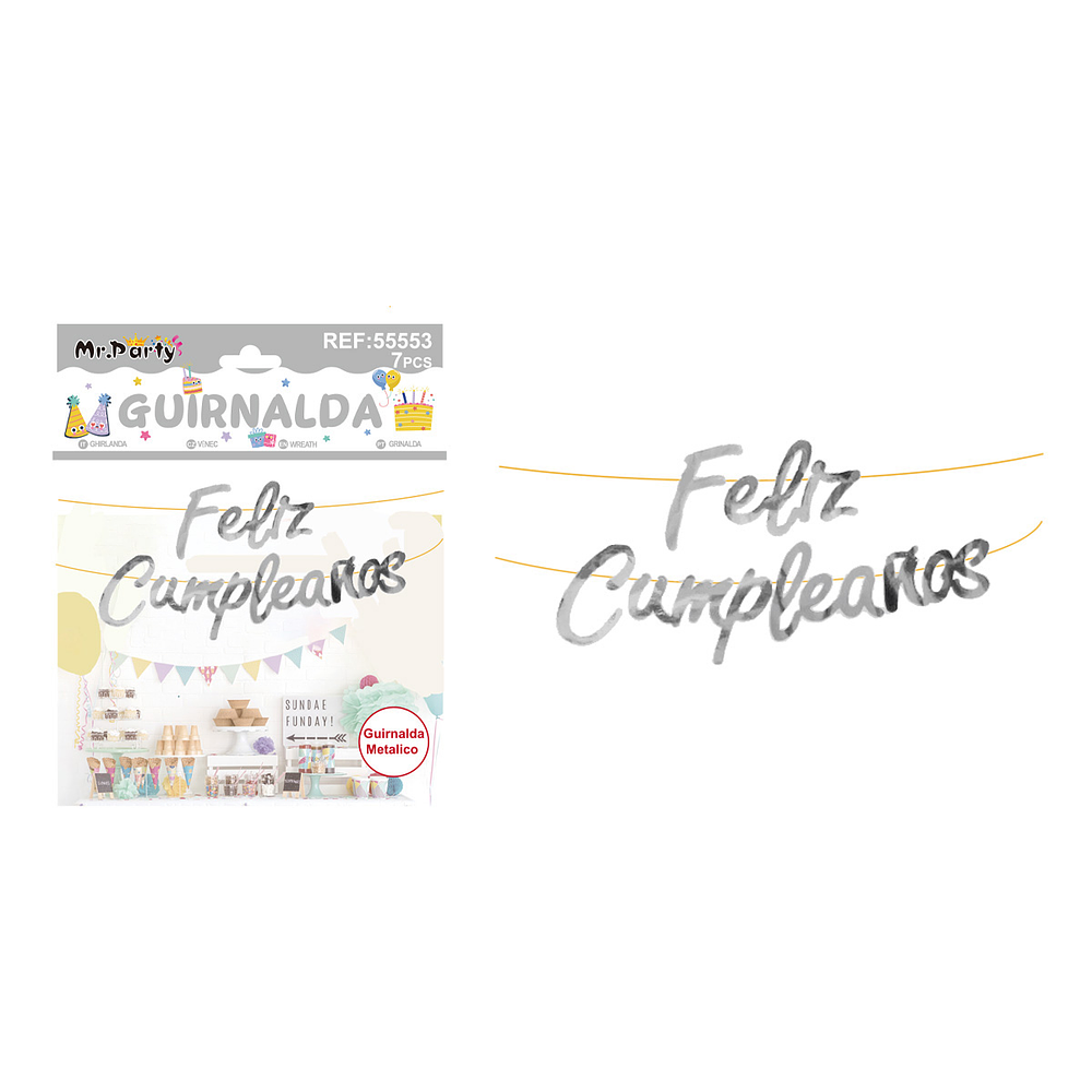 Guirnalda feliz cumpleaños brillante plata 7pcs