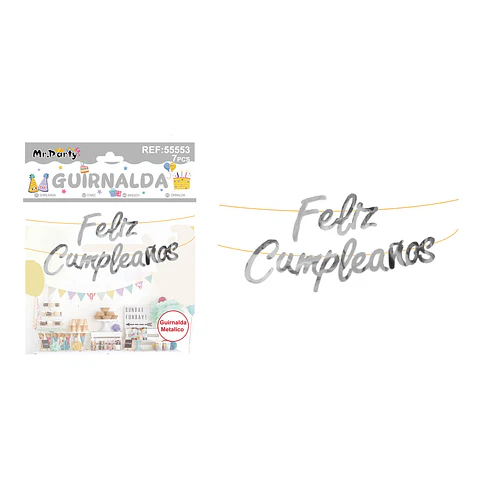 Guirnalda feliz cumpleaños brillante plata 7pcs