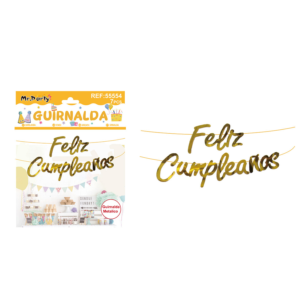 Guirnalda feliz cumpleaños brillante dorada 7pcs