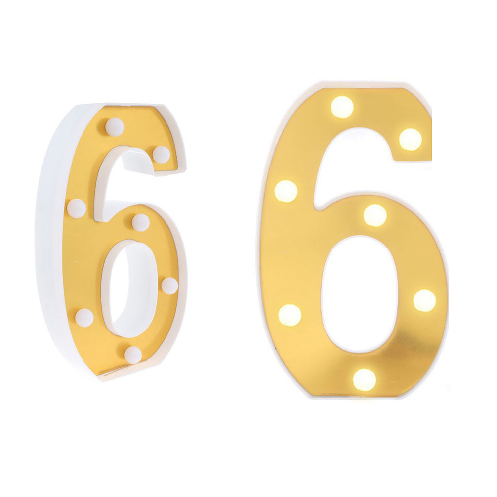 Número 6 dorado con luz LED 22cm