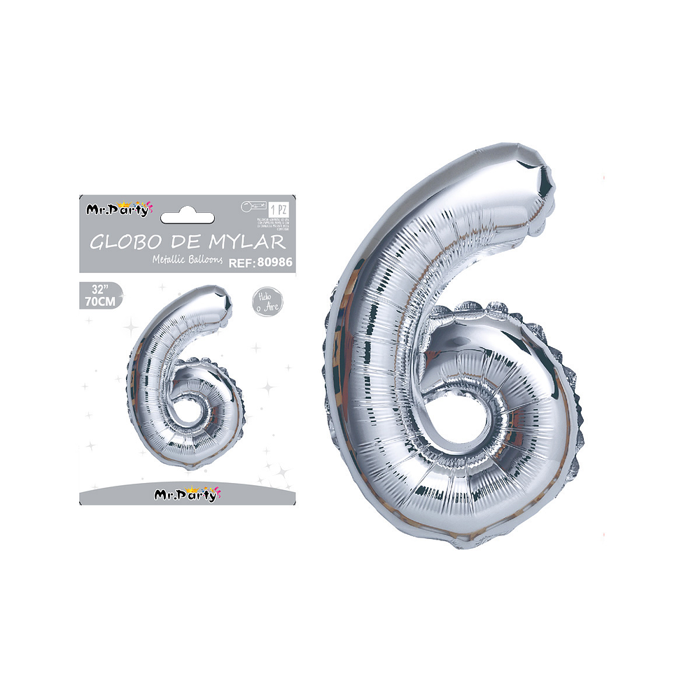 Globo metálico plateado 70cm número 6