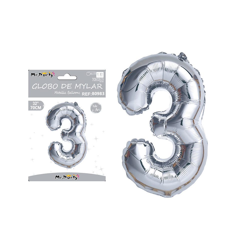 Globo metálico plateado 70cm número 3