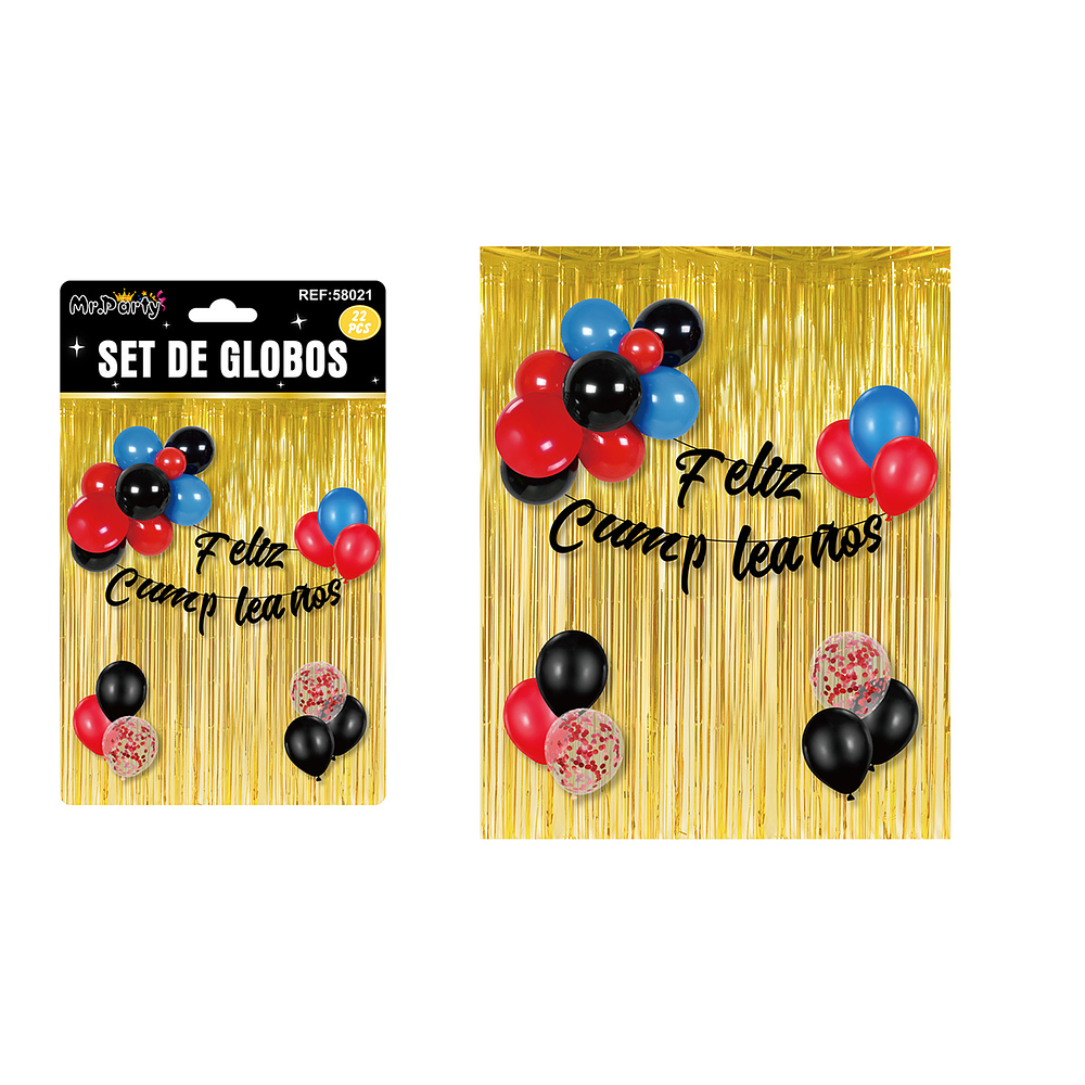 Set de globos y guirnalda con cortina metálicas dorado 22pcs