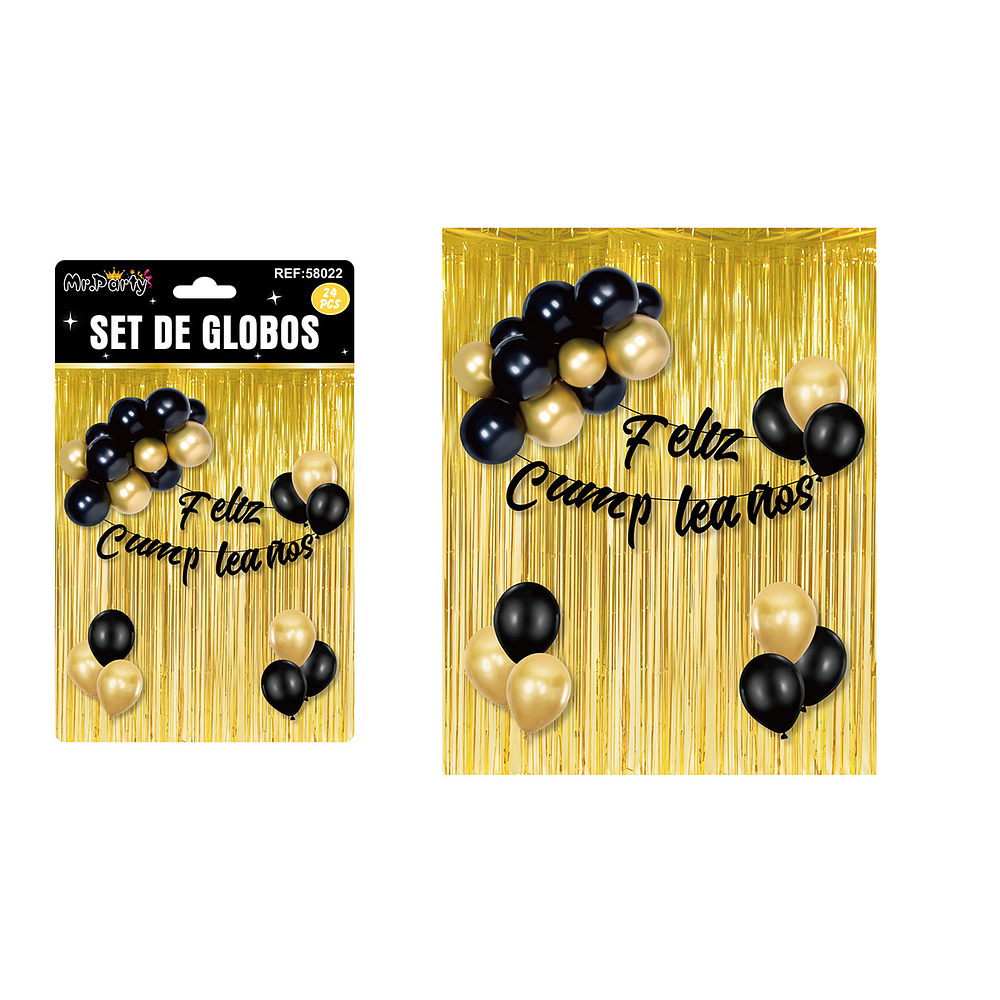 Set de globos y guirnalda con cortina metálicas dorado 24pcs