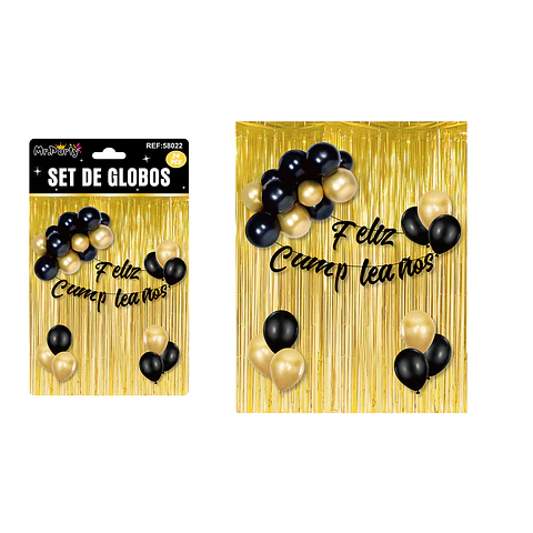 Set de globos y guirnalda con cortina metálicas dorado 24pcs