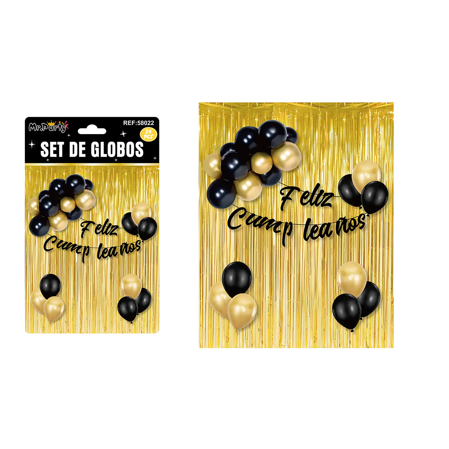 Set de globos y guirnalda con cortina metálicas dorado 24pcs 1