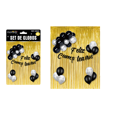 Set de globos y guirnalda con cortina metálicas dorado 24pcs