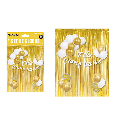 Set de globos y guirnalda con cortina metálicas dorado 24pcs